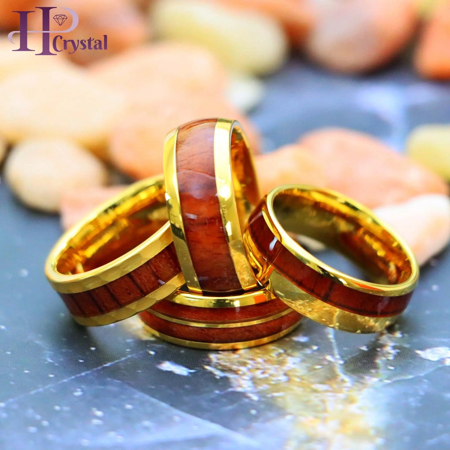 Yellow Gold IP Koa Wood Inlay Tungsten Ring (MARET1005)