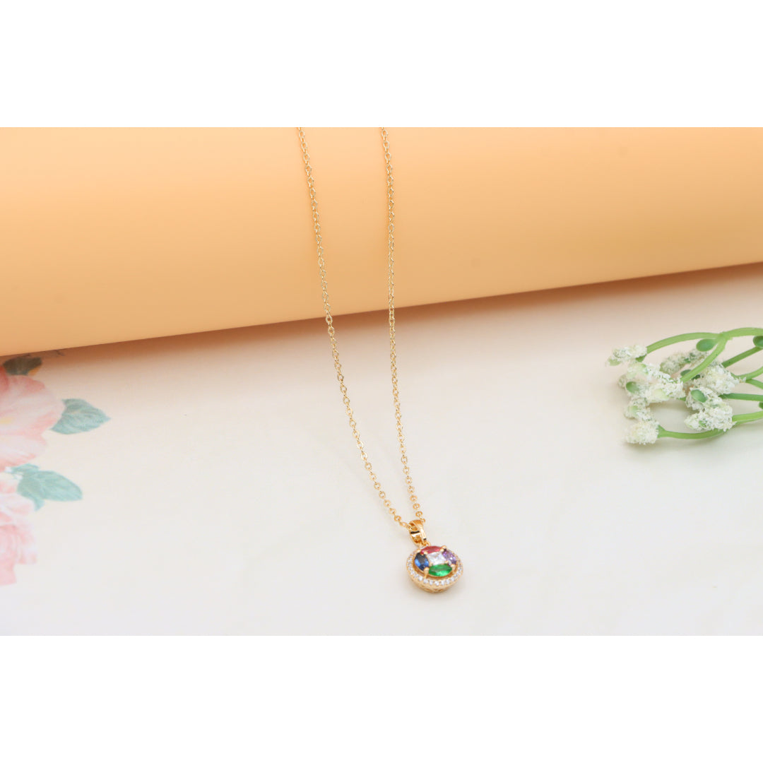 Rose Gold Round Pendant Necklace with Colorful Stone Detailing, XPNL0409 (2041-9)