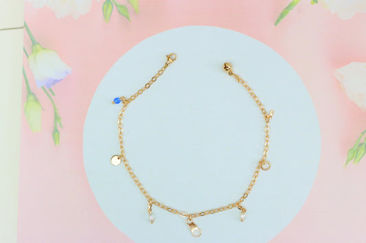 Rose Gold Anklet with Pearl Drops & Blue Bead, XPAL1167 (2117-6)