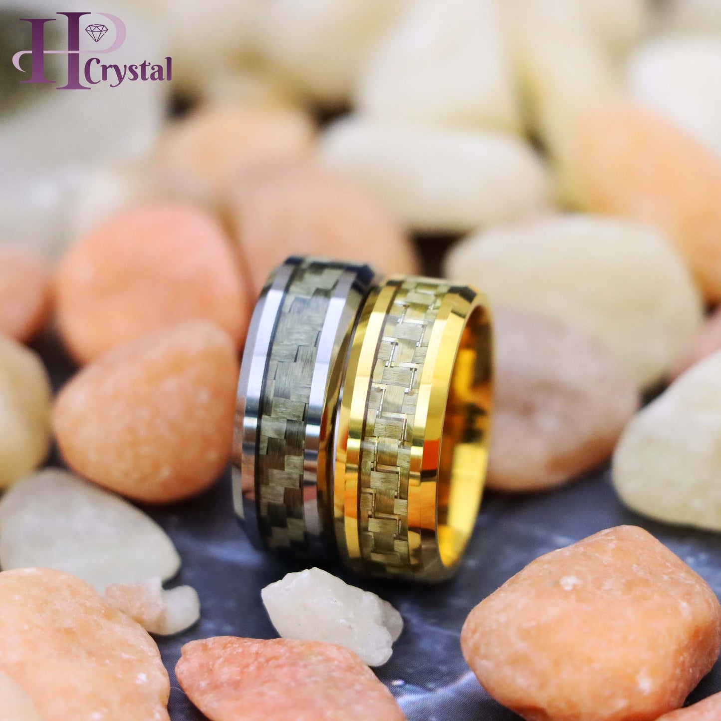 Yellow Gold/Silver Plated High Polish with Golden/White Carbon Fiber Inlay Beveled Edge Tungsten Ring