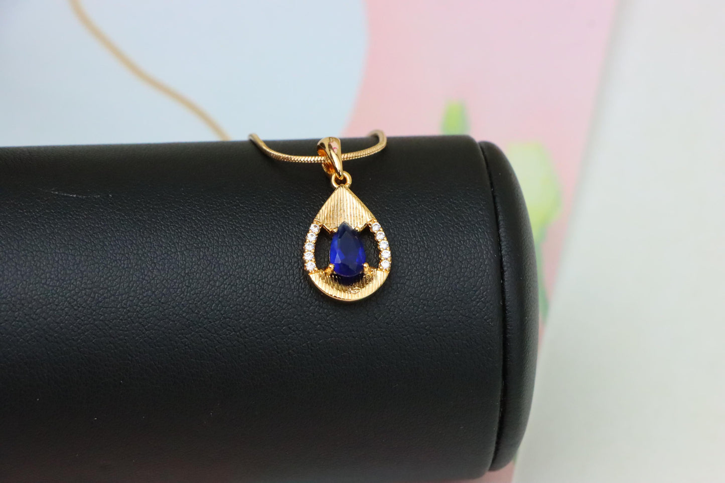 Elegant Blue Teardrop Pendant with Sparkling Accents and Gold Finish, XPPT1688 (2164-4)
