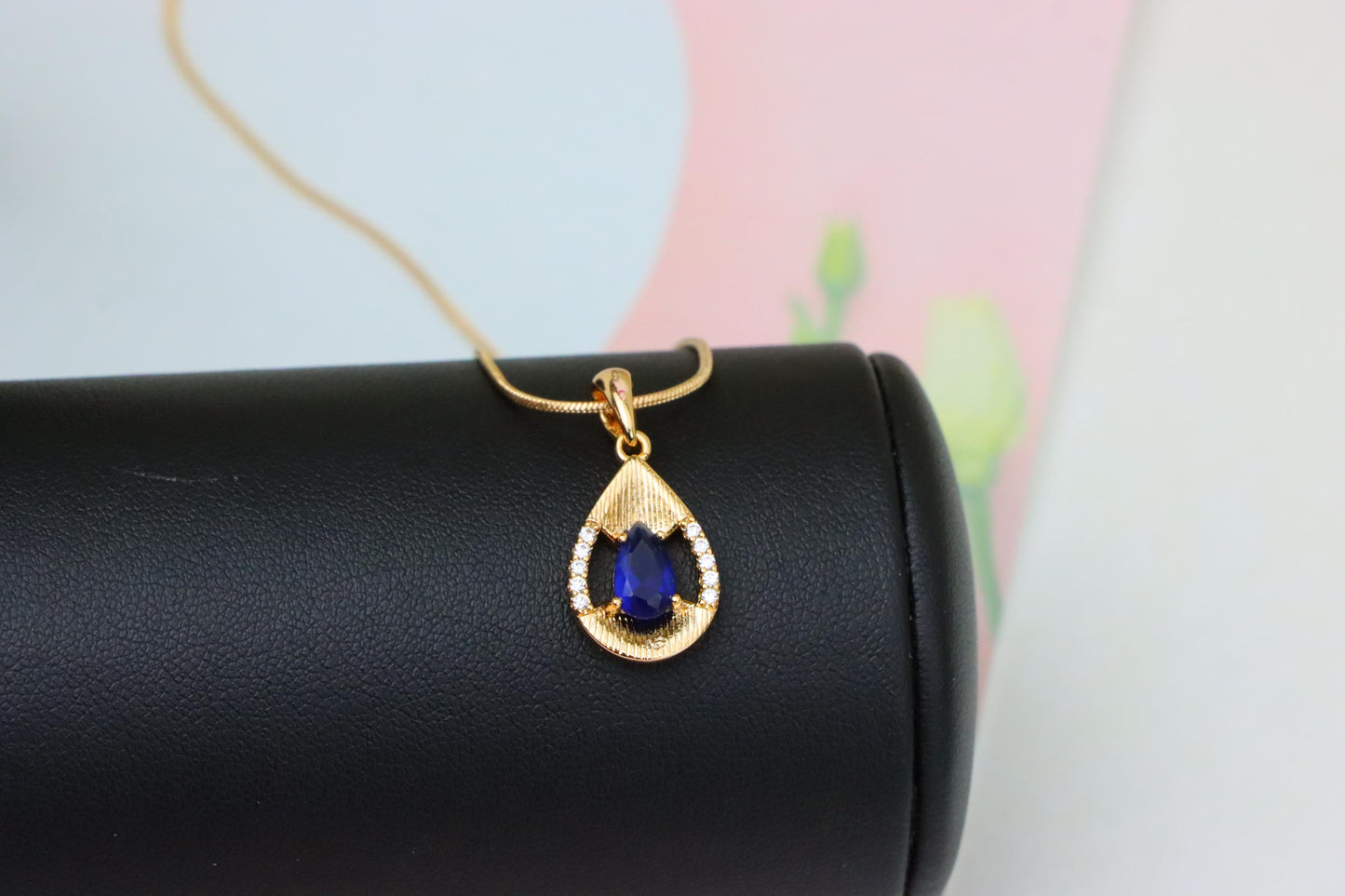 Elegant Blue Teardrop Pendant with Sparkling Accents and Gold Finish, XPPT1688 (2164-4)