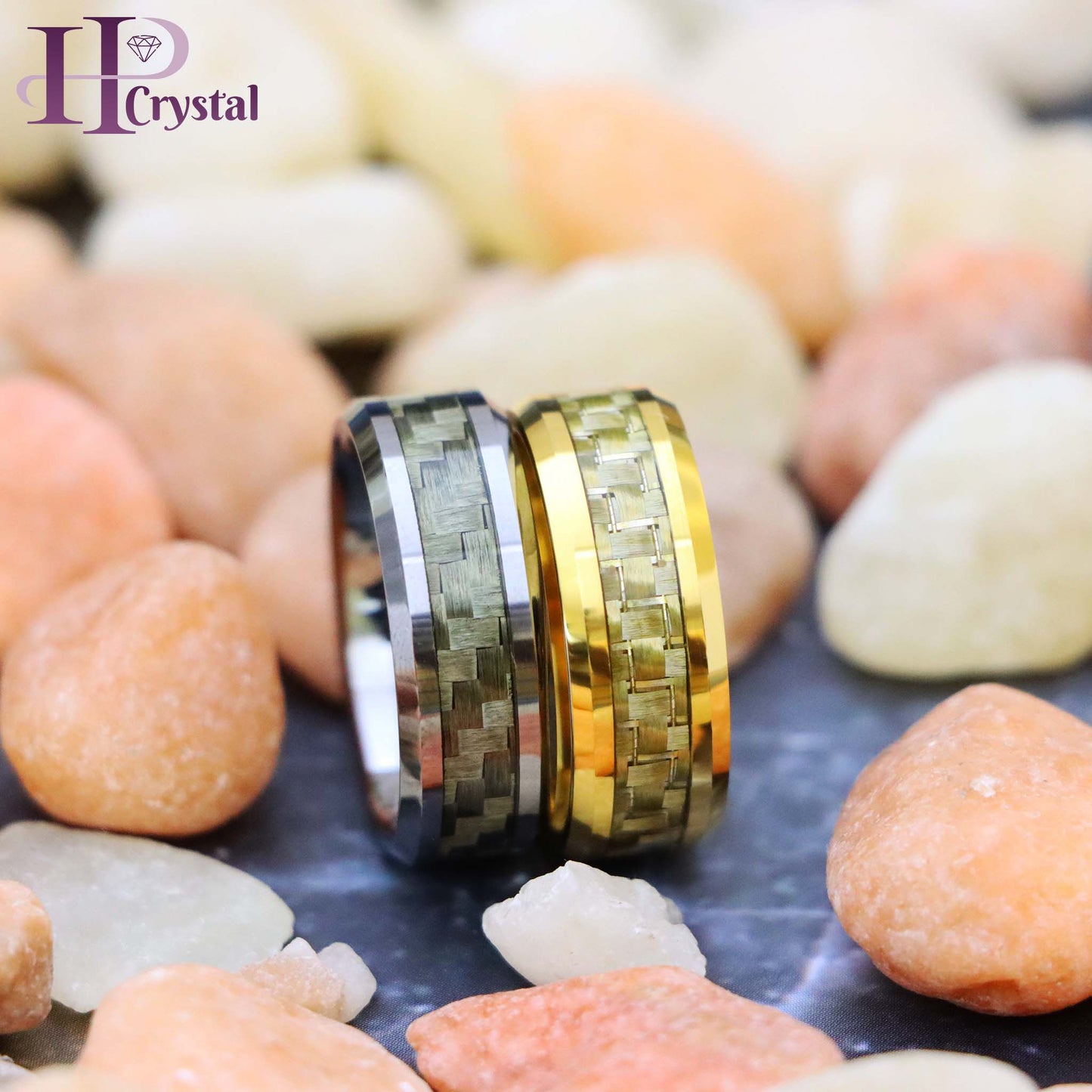 Yellow Gold/Silver Plated High Polish with Golden/White Carbon Fiber Inlay Beveled Edge Tungsten Ring