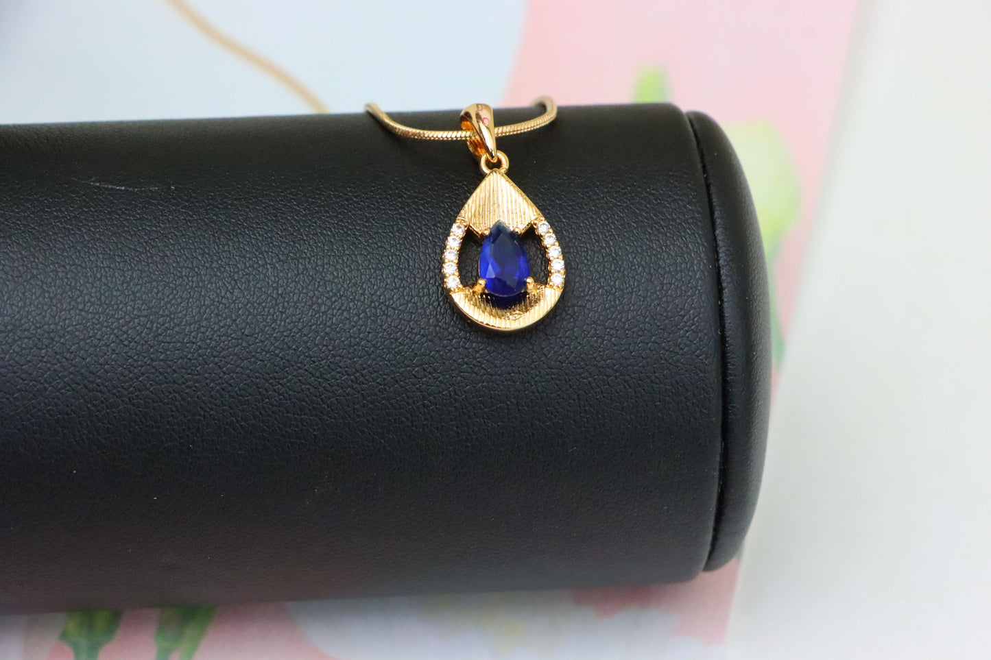 Elegant Blue Teardrop Pendant with Sparkling Accents and Gold Finish, XPPT1688 (2164-4)