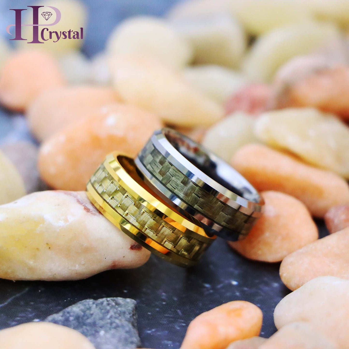 Yellow Gold/Silver Plated High Polish with Golden/White Carbon Fiber Inlay Beveled Edge Tungsten Ring