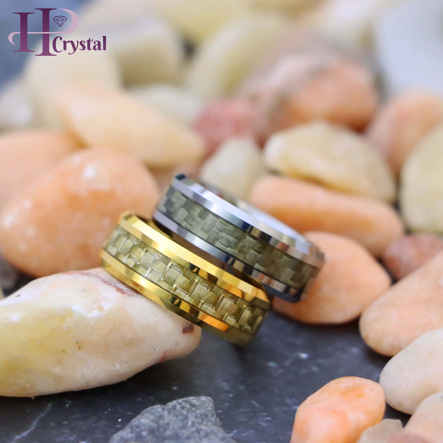 Yellow Gold/Silver Plated High Polish with Golden/White Carbon Fiber Inlay Beveled Edge Tungsten Ring