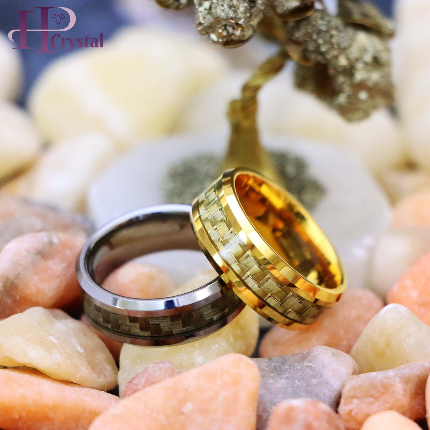 Yellow Gold/Silver Plated High Polish with Golden/White Carbon Fiber Inlay Beveled Edge Tungsten Ring
