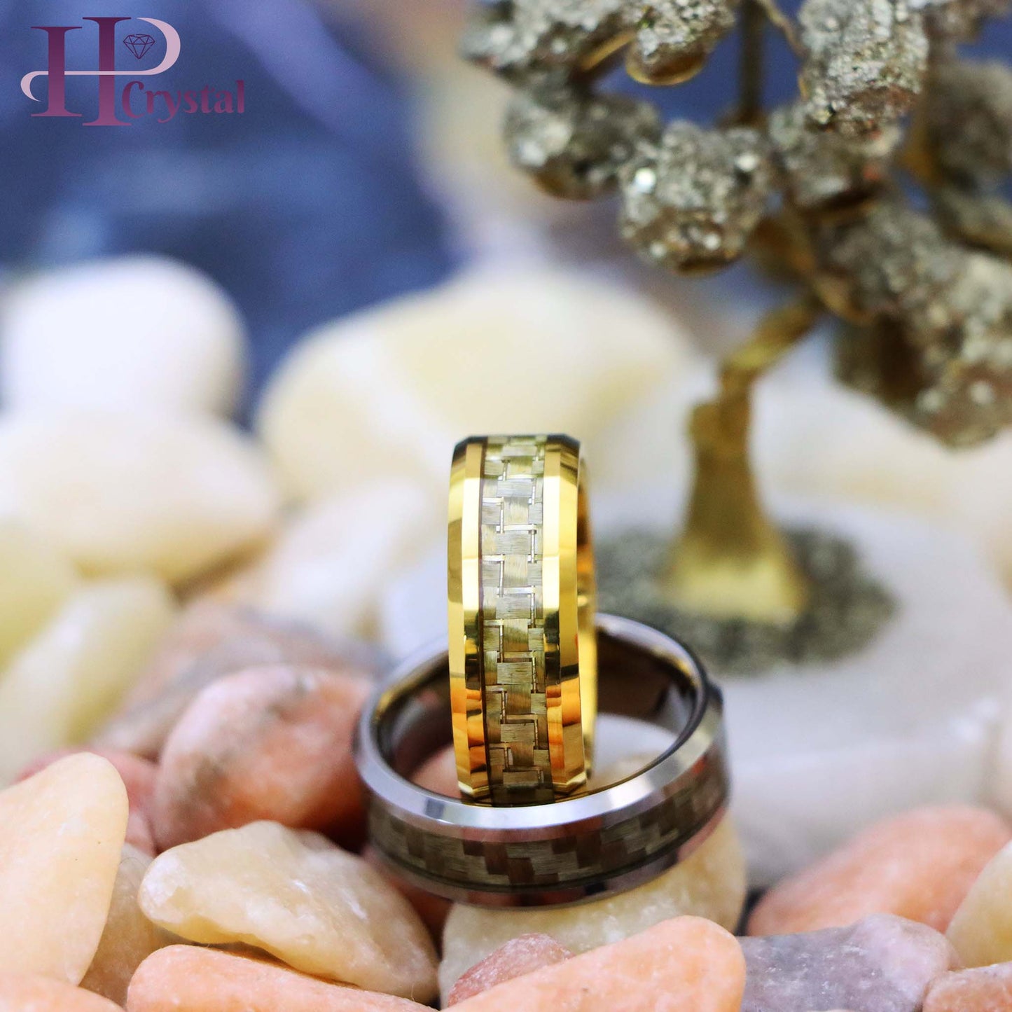 Yellow Gold/Silver Plated High Polish with Golden/White Carbon Fiber Inlay Beveled Edge Tungsten Ring