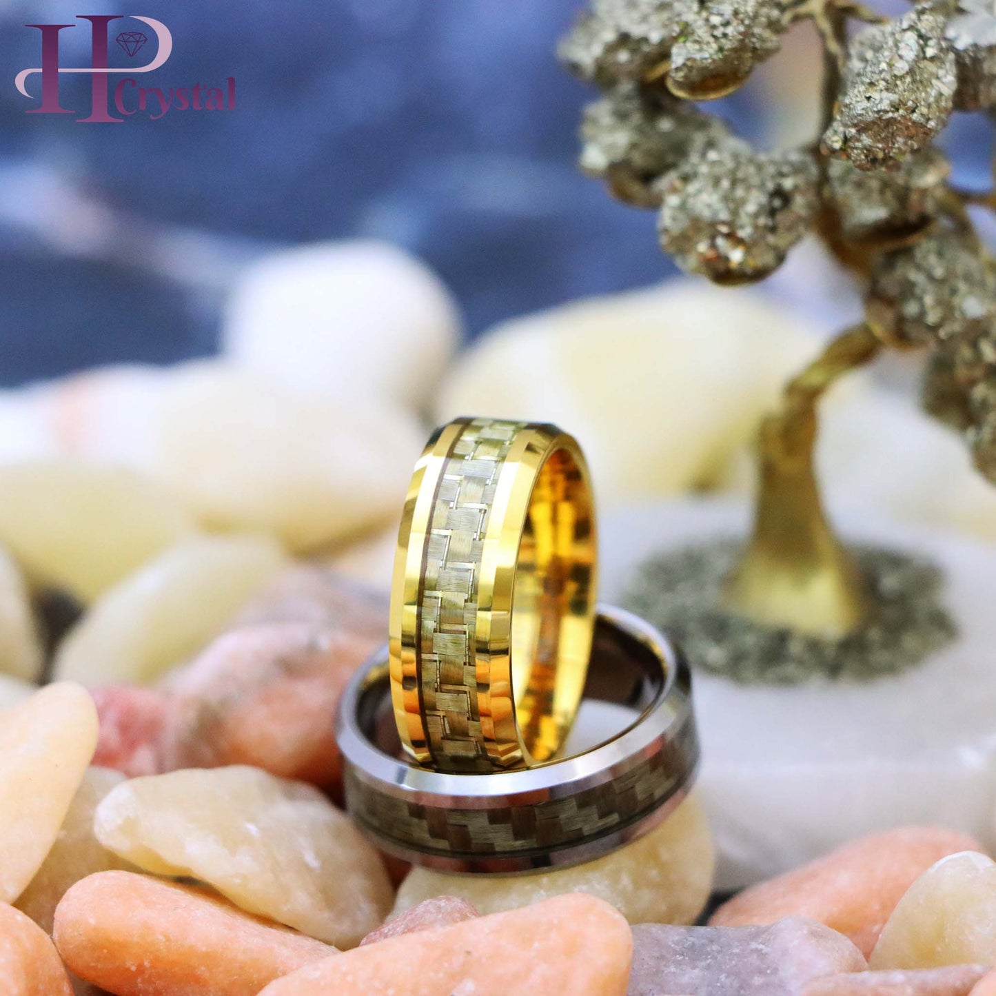 Yellow Gold/Silver Plated High Polish with Golden/White Carbon Fiber Inlay Beveled Edge Tungsten Ring