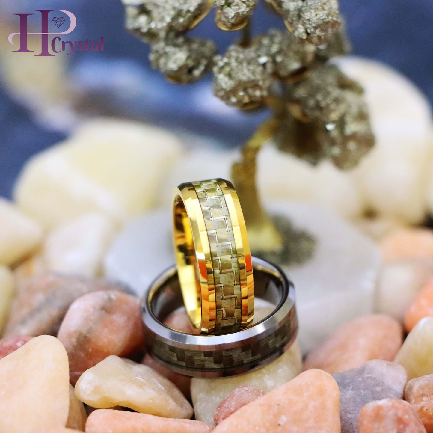 Yellow Gold/Silver Plated High Polish with Golden/White Carbon Fiber Inlay Beveled Edge Tungsten Ring