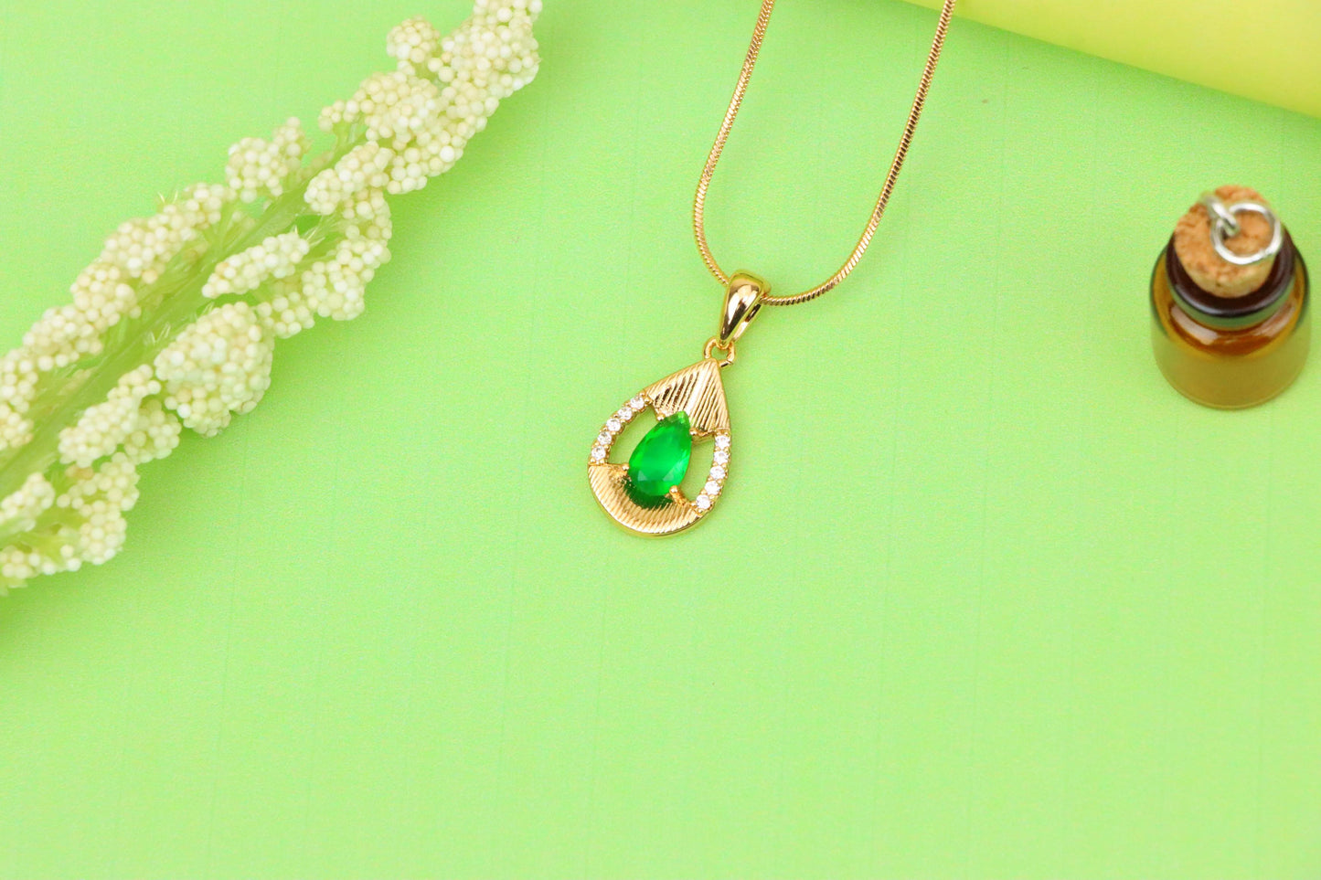 Teardrop Green Pendant with Sparkling Accents in Gold Finish, XPPT1689 (2164-4)