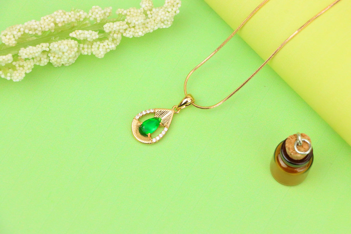 Teardrop Green Pendant with Sparkling Accents in Gold Finish, XPPT1689 (2164-4)