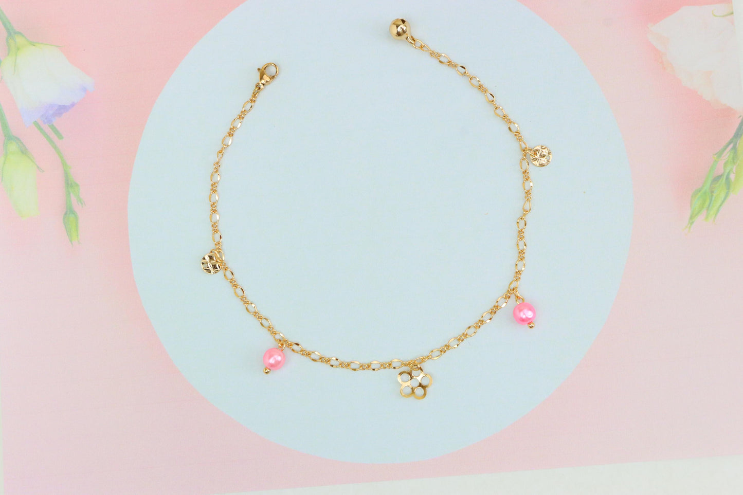Rose Gold Anklet with Pink Beads & Flower Charm, XPAL1168 (2117-7)