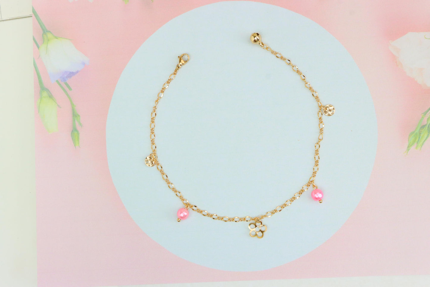 Rose Gold Anklet with Pink Beads & Flower Charm, XPAL1168 (2117-7)