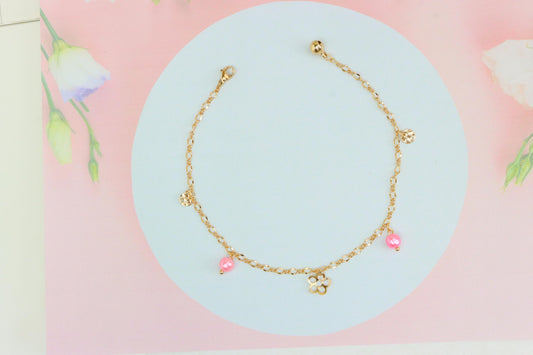 Rose Gold Anklet with Pink Beads & Flower Charm, XPAL1168 (2117-7)