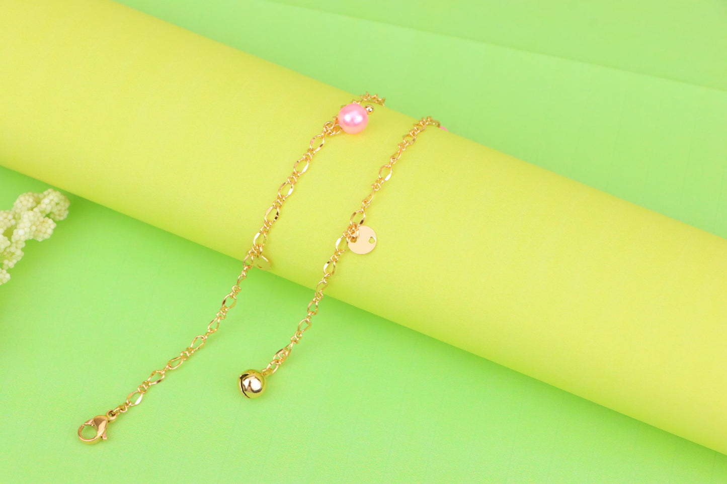 Rose Gold Anklet with Pink Beads & Flower Charm, XPAL1168 (2117-7)