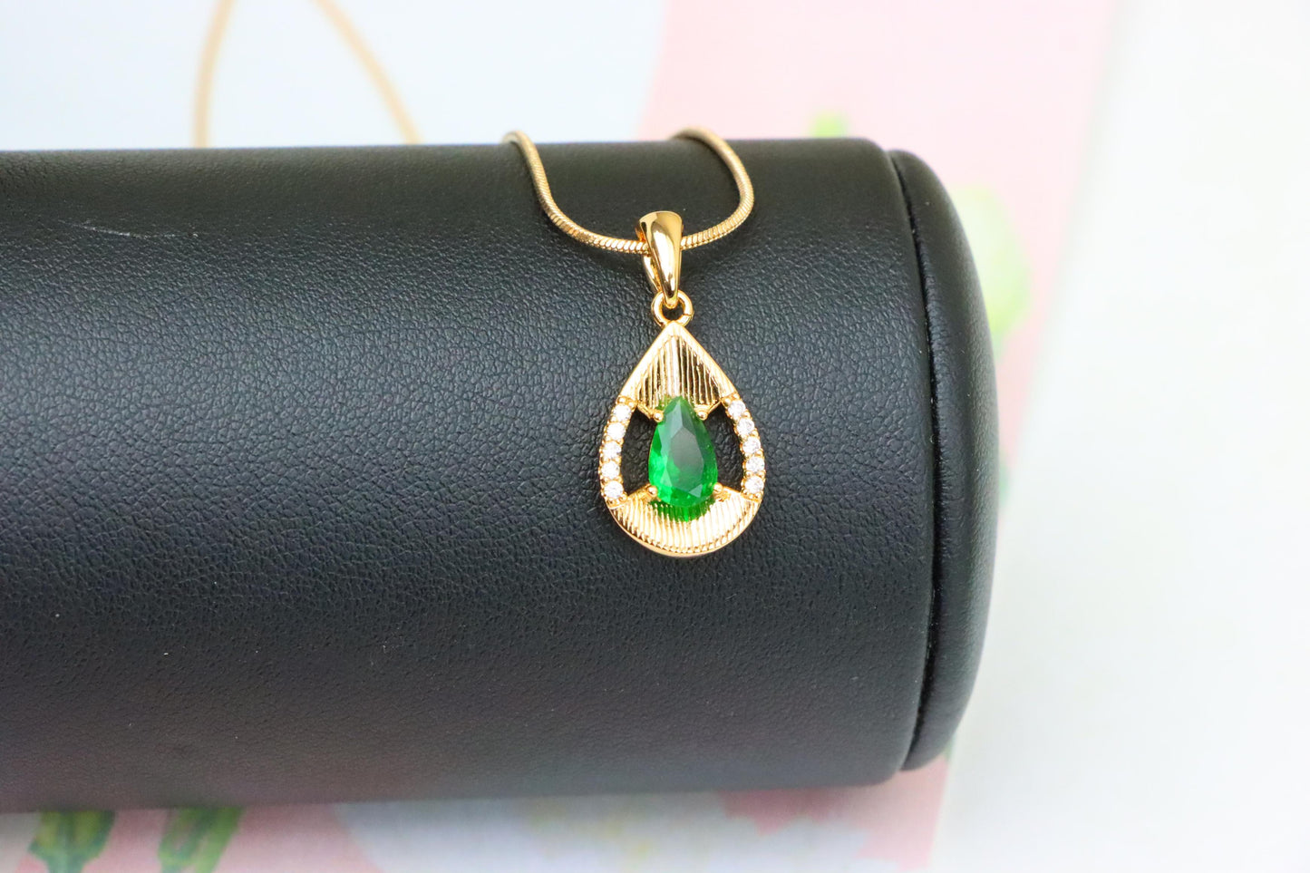 Teardrop Green Pendant with Sparkling Accents in Gold Finish, XPPT1689 (2164-4)