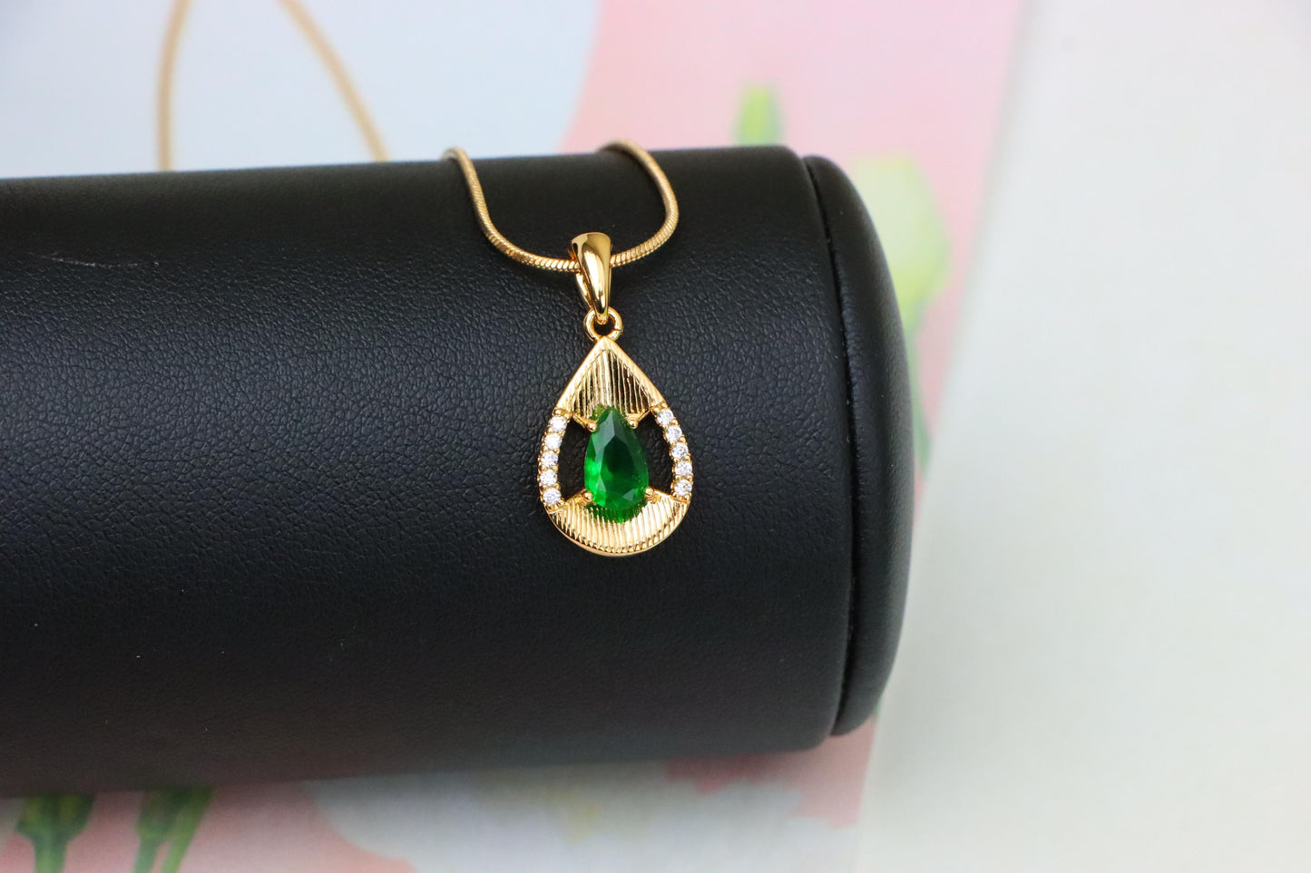 Teardrop Green Pendant with Sparkling Accents in Gold Finish, XPPT1689 (2164-4)