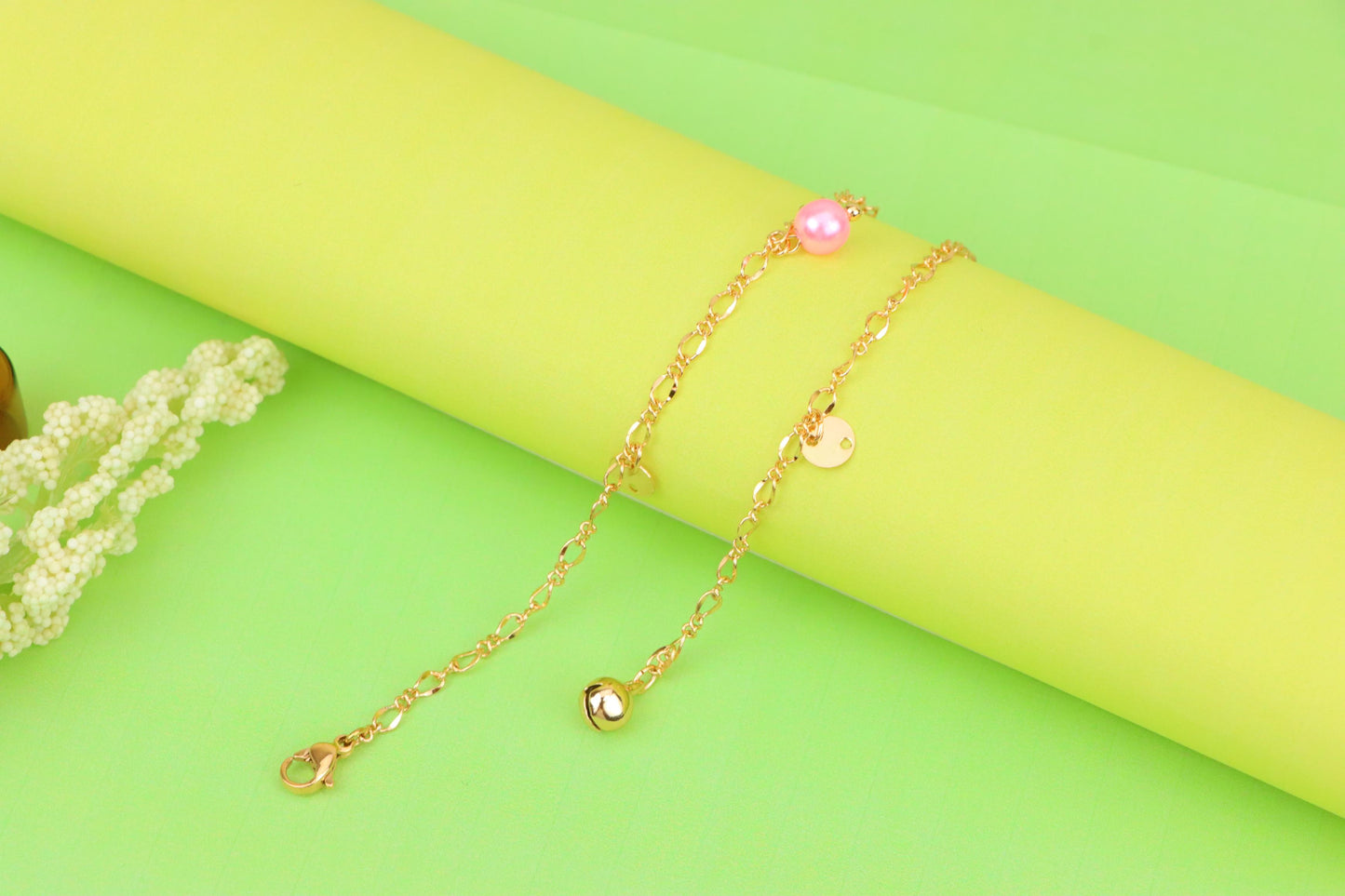 Rose Gold Anklet with Pink Beads & Flower Charm, XPAL1168 (2117-7)