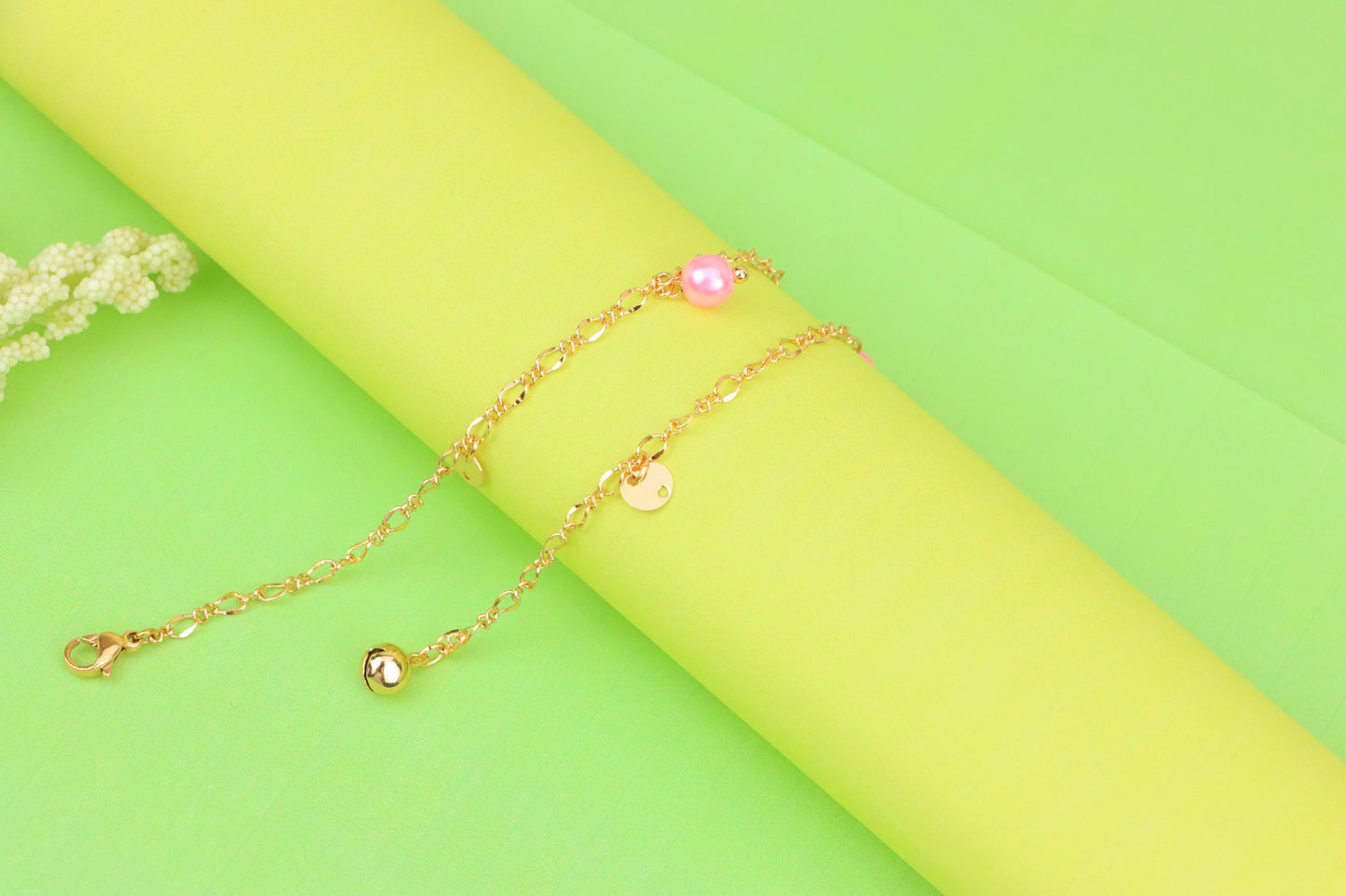 Rose Gold Anklet with Pink Beads & Flower Charm, XPAL1168 (2117-7)