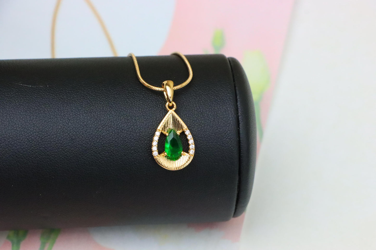 Teardrop Green Pendant with Sparkling Accents in Gold Finish, XPPT1689 (2164-4)