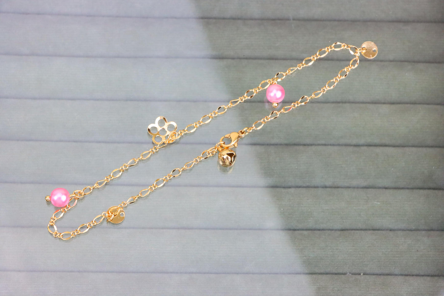 Rose Gold Anklet with Pink Beads & Flower Charm, XPAL1168 (2117-7)