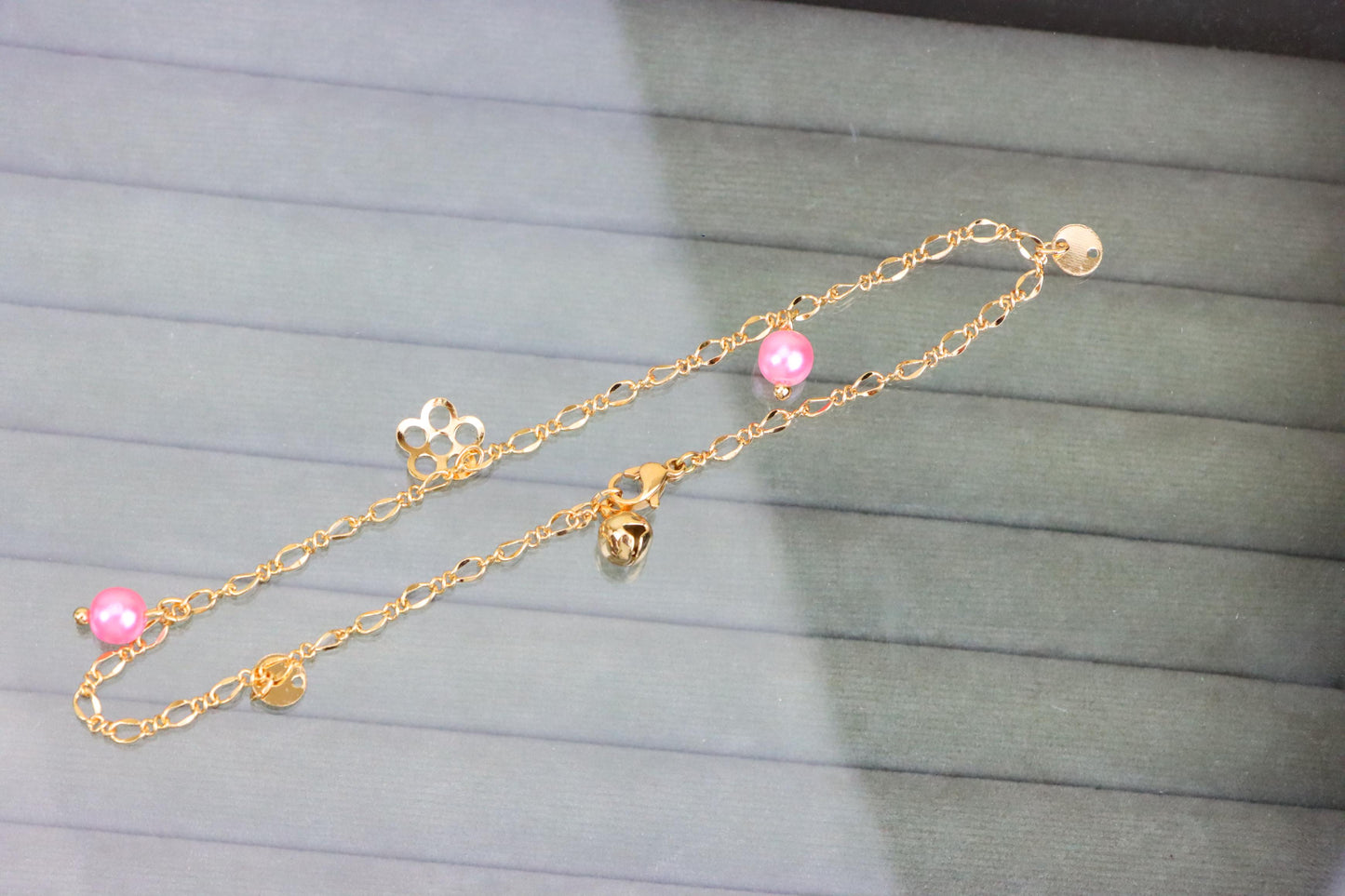 Rose Gold Anklet with Pink Beads & Flower Charm, XPAL1168 (2117-7)