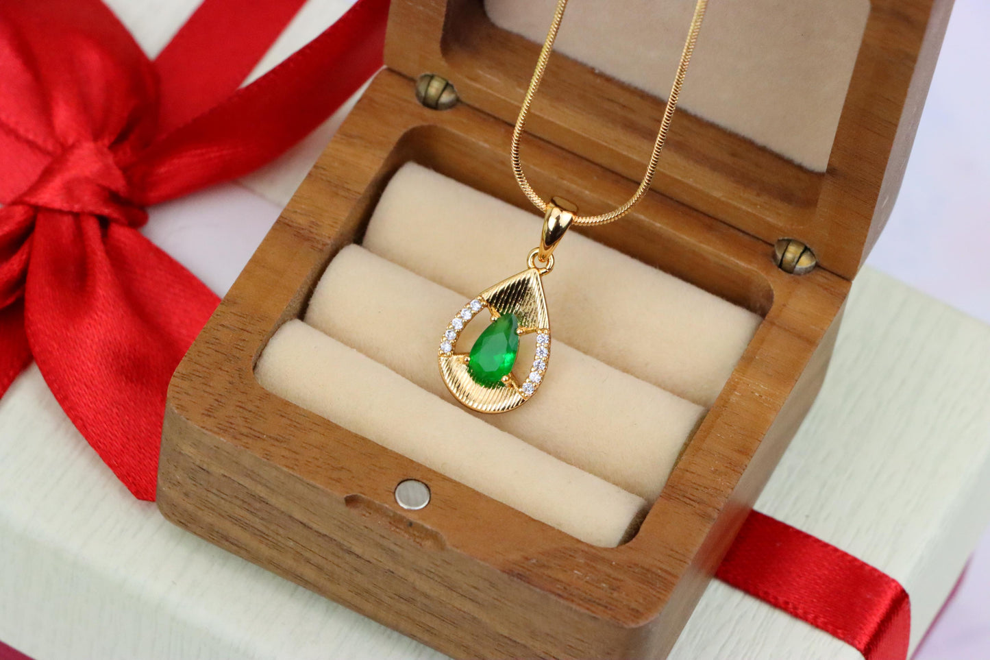 Teardrop Green Pendant with Sparkling Accents in Gold Finish, XPPT1689 (2164-4)