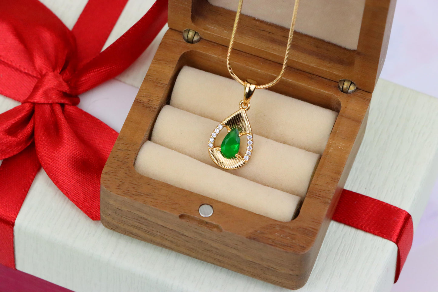 Teardrop Green Pendant with Sparkling Accents in Gold Finish, XPPT1689 (2164-4)