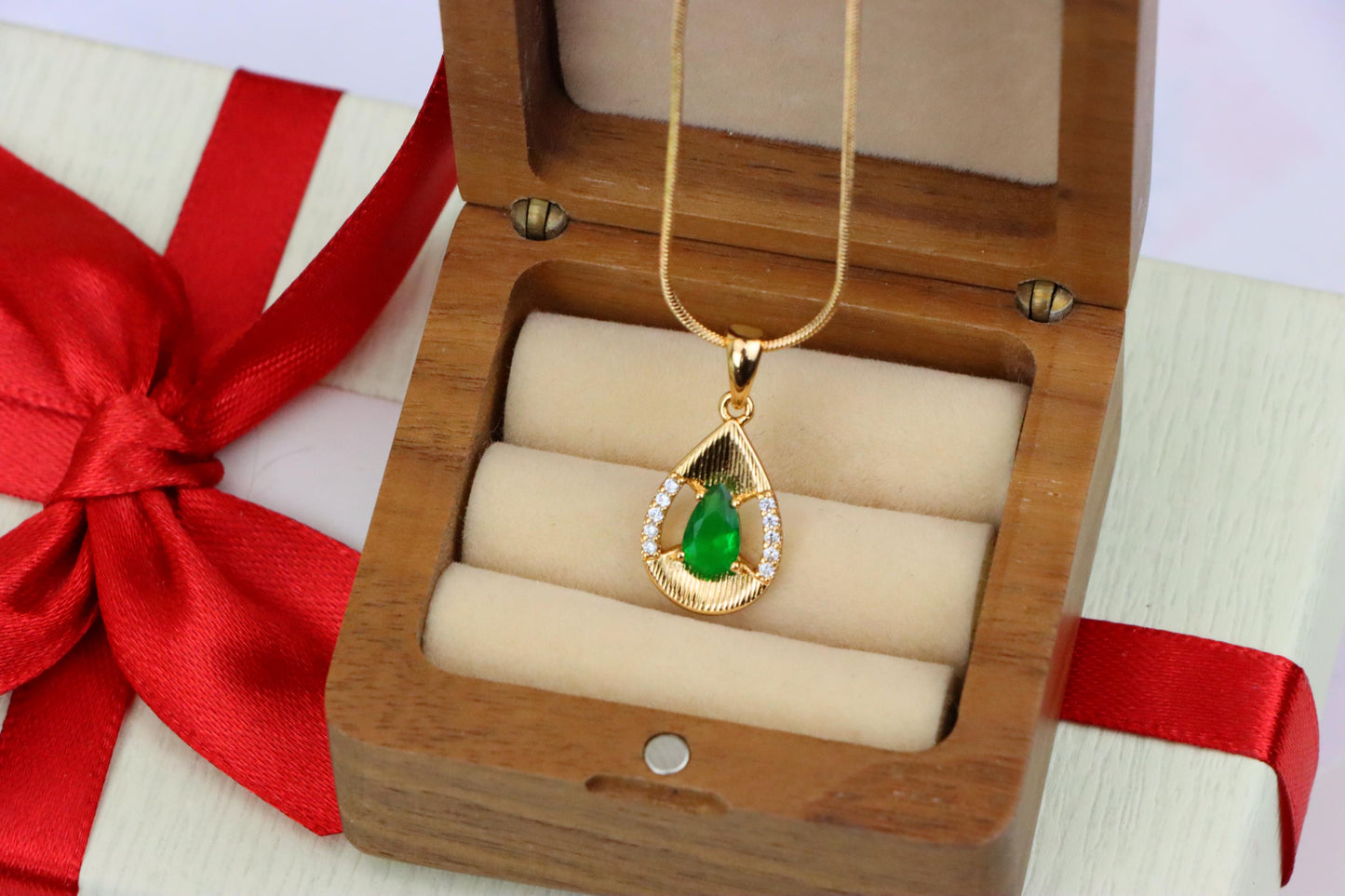 Teardrop Green Pendant with Sparkling Accents in Gold Finish, XPPT1689 (2164-4)