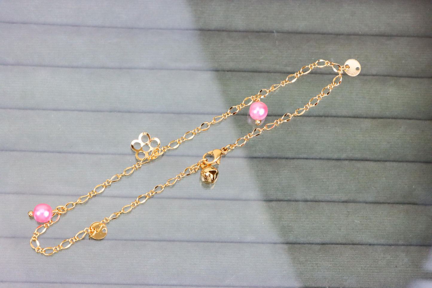 Rose Gold Anklet with Pink Beads & Flower Charm, XPAL1168 (2117-7)