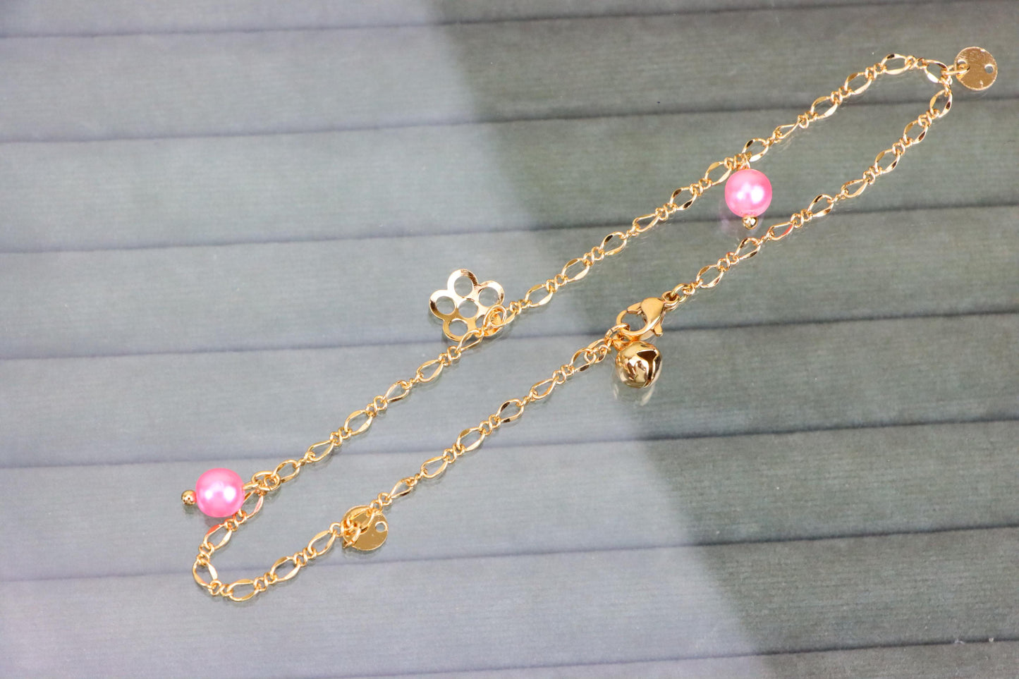 Rose Gold Anklet with Pink Beads & Flower Charm, XPAL1168 (2117-7)