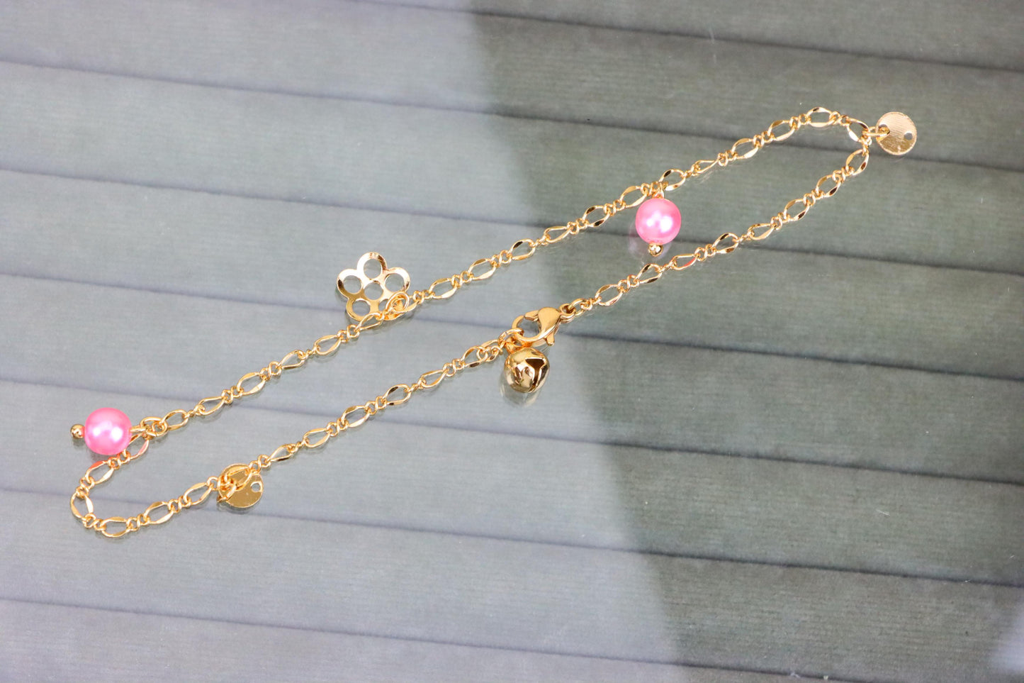 Rose Gold Anklet with Pink Beads & Flower Charm, XPAL1168 (2117-7)