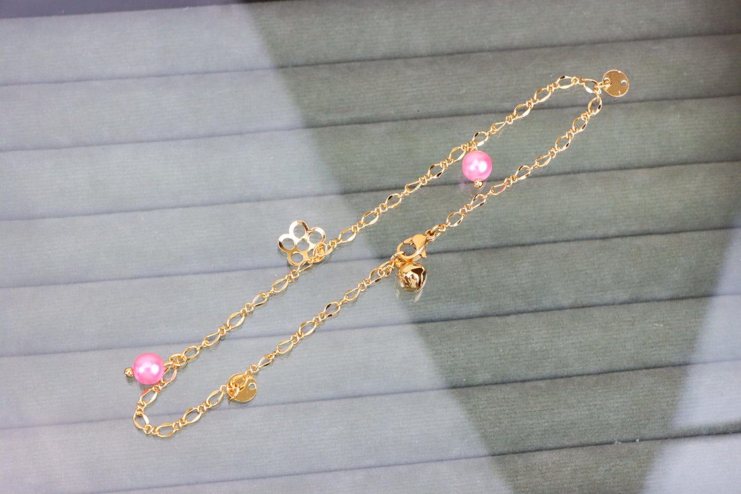 Rose Gold Anklet with Pink Beads & Flower Charm, XPAL1168 (2117-7)