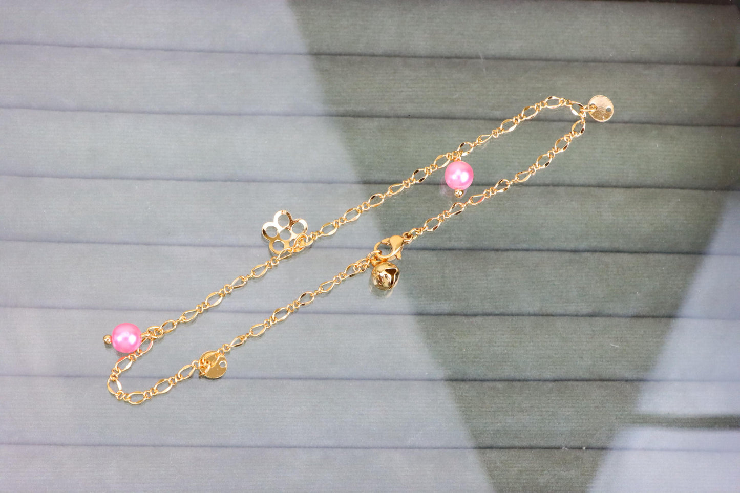 Rose Gold Anklet with Pink Beads & Flower Charm, XPAL1168 (2117-7)