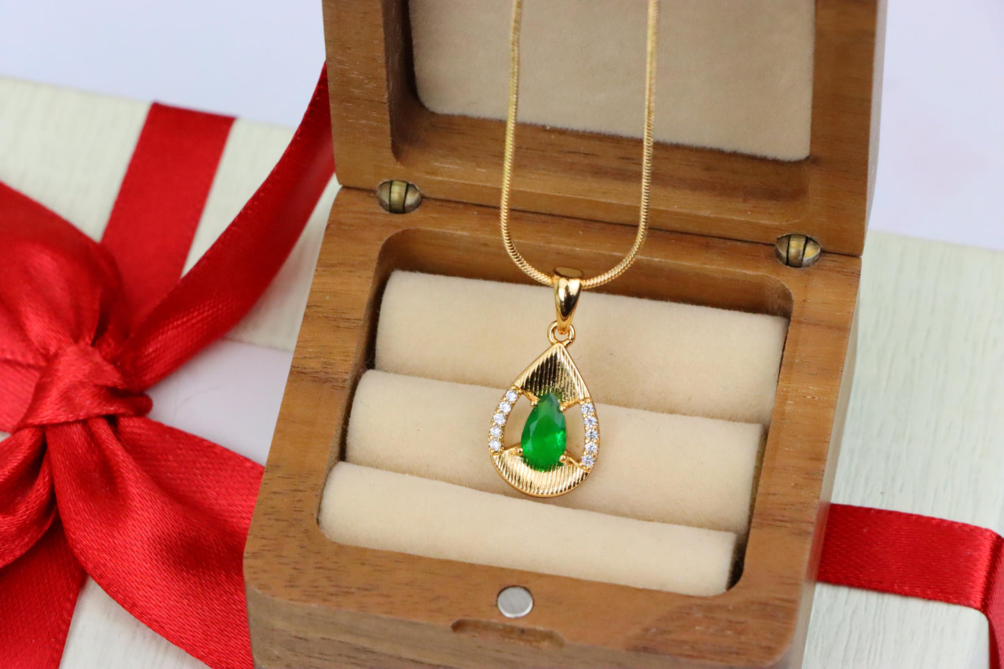 Teardrop Green Pendant with Sparkling Accents in Gold Finish, XPPT1689 (2164-4)