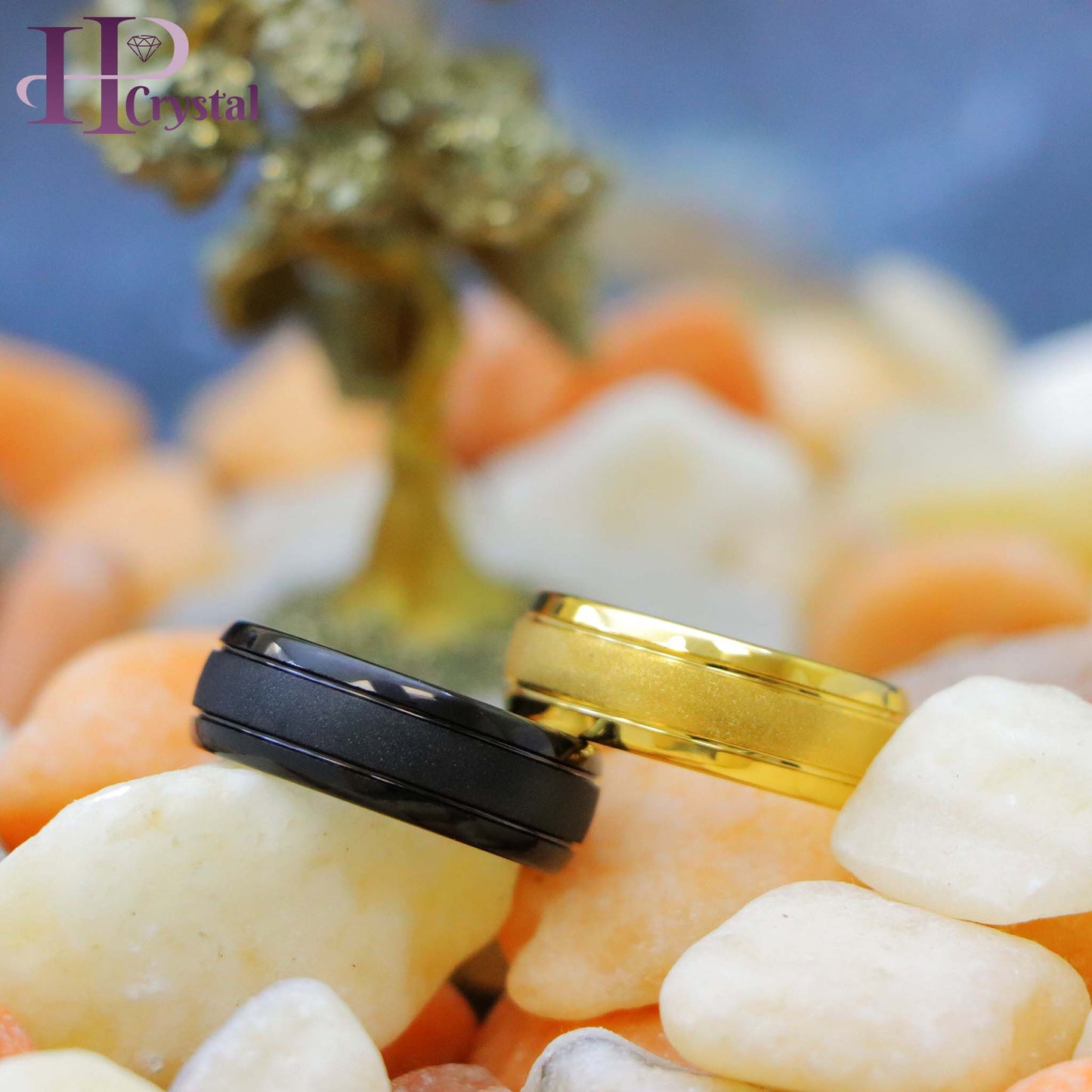 Yellow Gold IP/Black IP Sandstone Finish Tungsten Ring