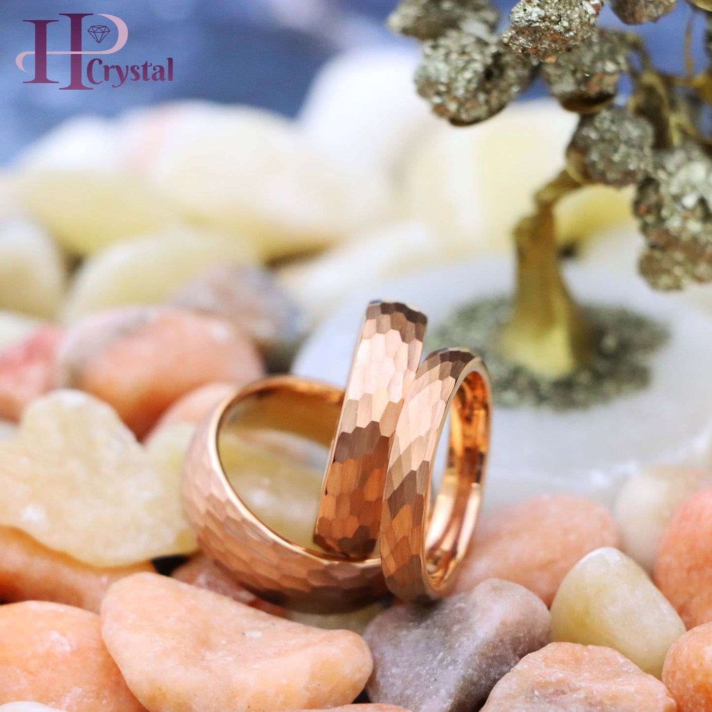 Rose Gold IP Plated Hammered Brushed Domed Tungsten Ring