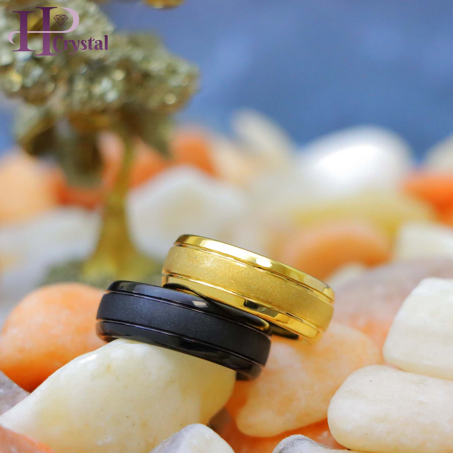 Yellow Gold IP/Black IP Sandstone Finish Tungsten Ring