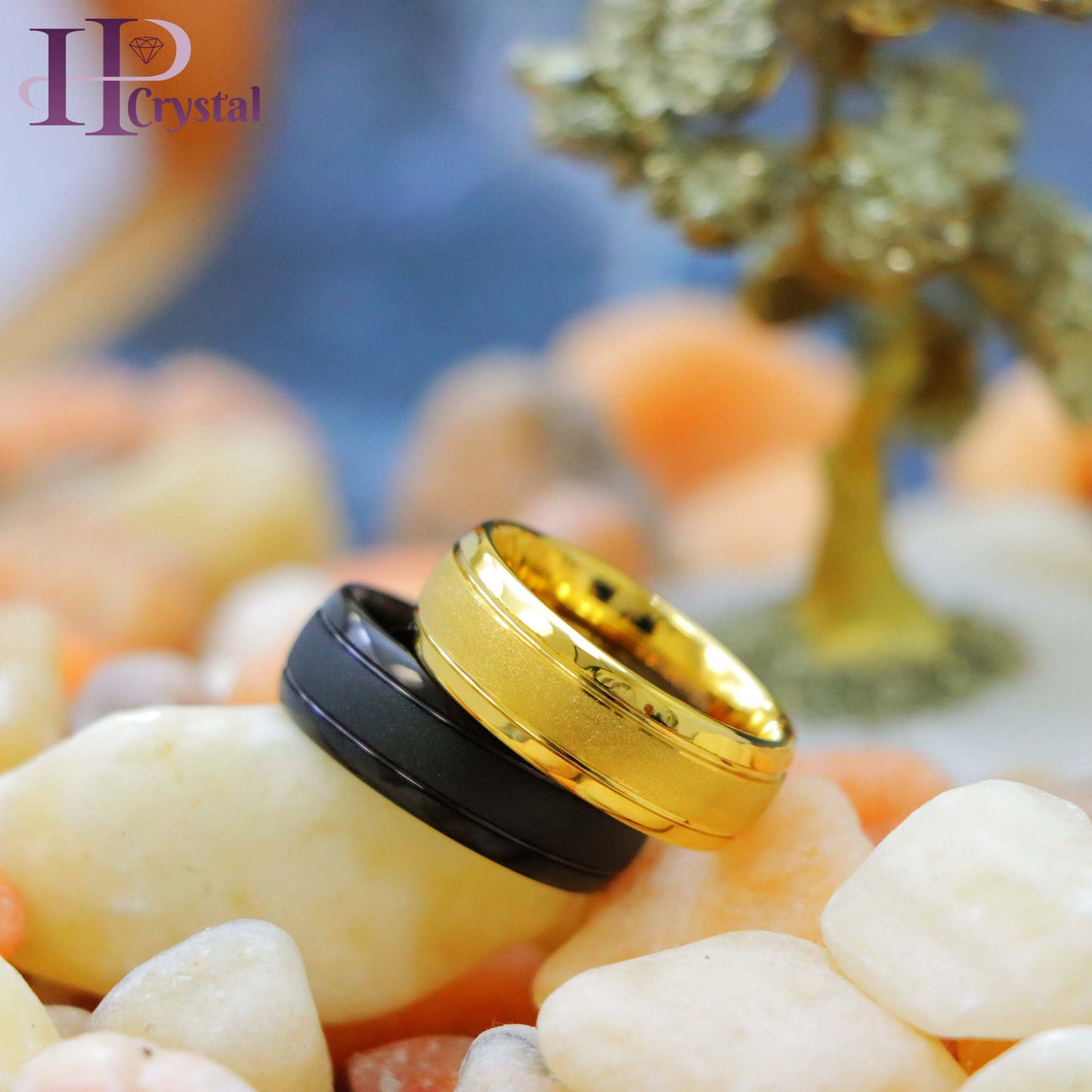 Yellow Gold IP/Black IP Sandstone Finish Tungsten Ring