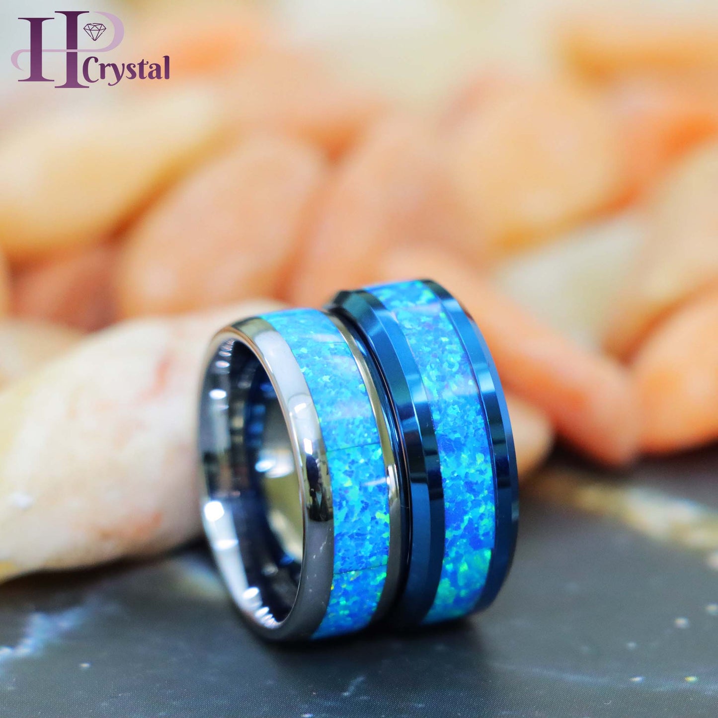 Blue/Silver IP Plated with Synthetic Blue Green Opal Inlay Tungsten Ring