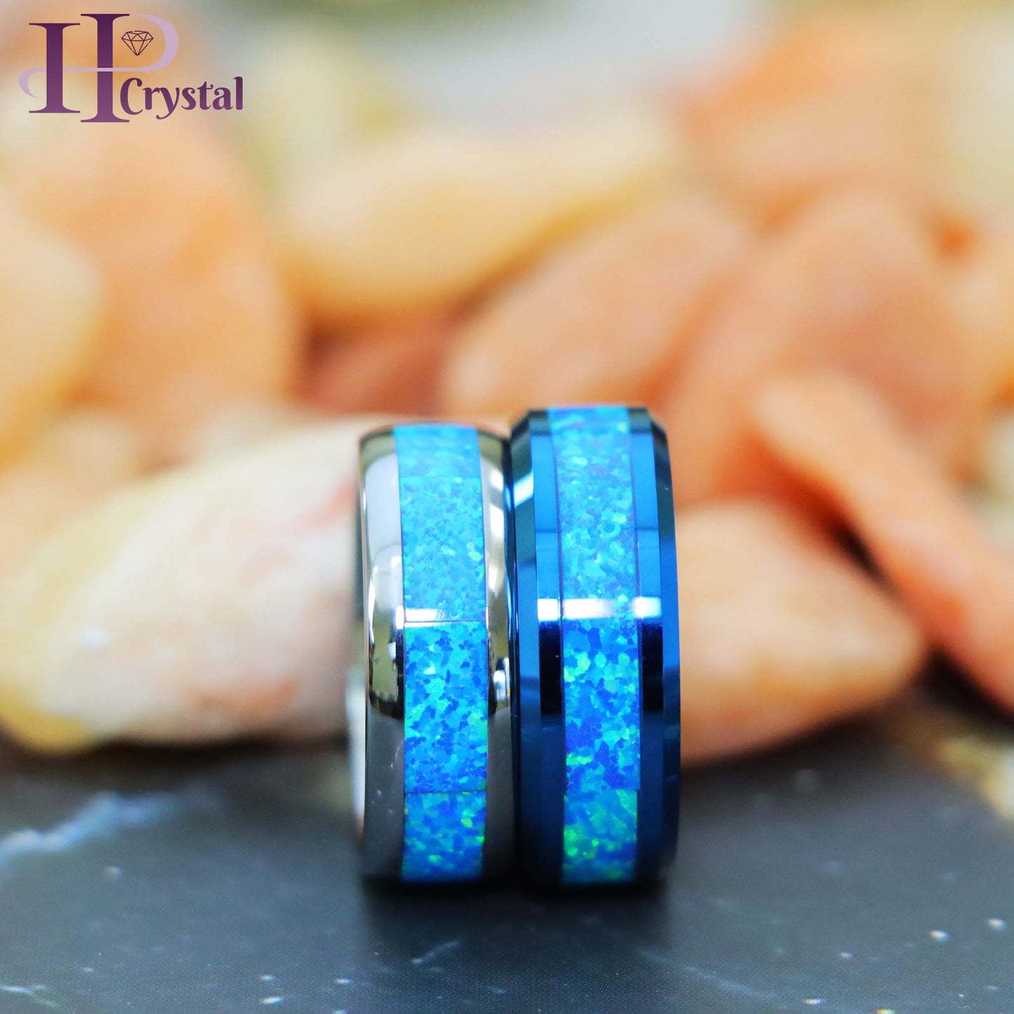 Blue/Silver IP Plated with Synthetic Blue Green Opal Inlay Tungsten Ring