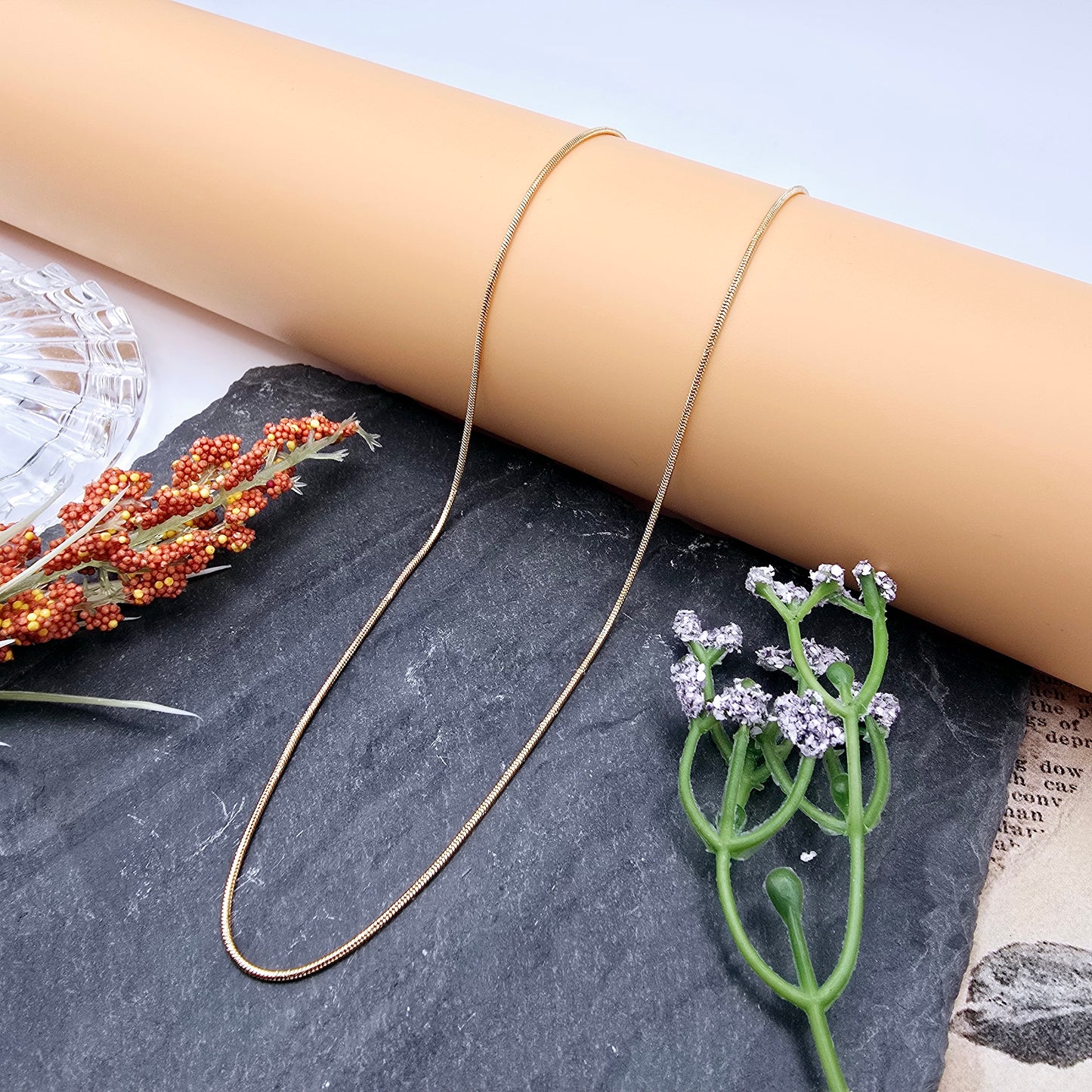 Minimalist Rose Gold Snake Chain Necklace, 18 Inch, Gold Plated Brass, XPNL0017 (2002-7)