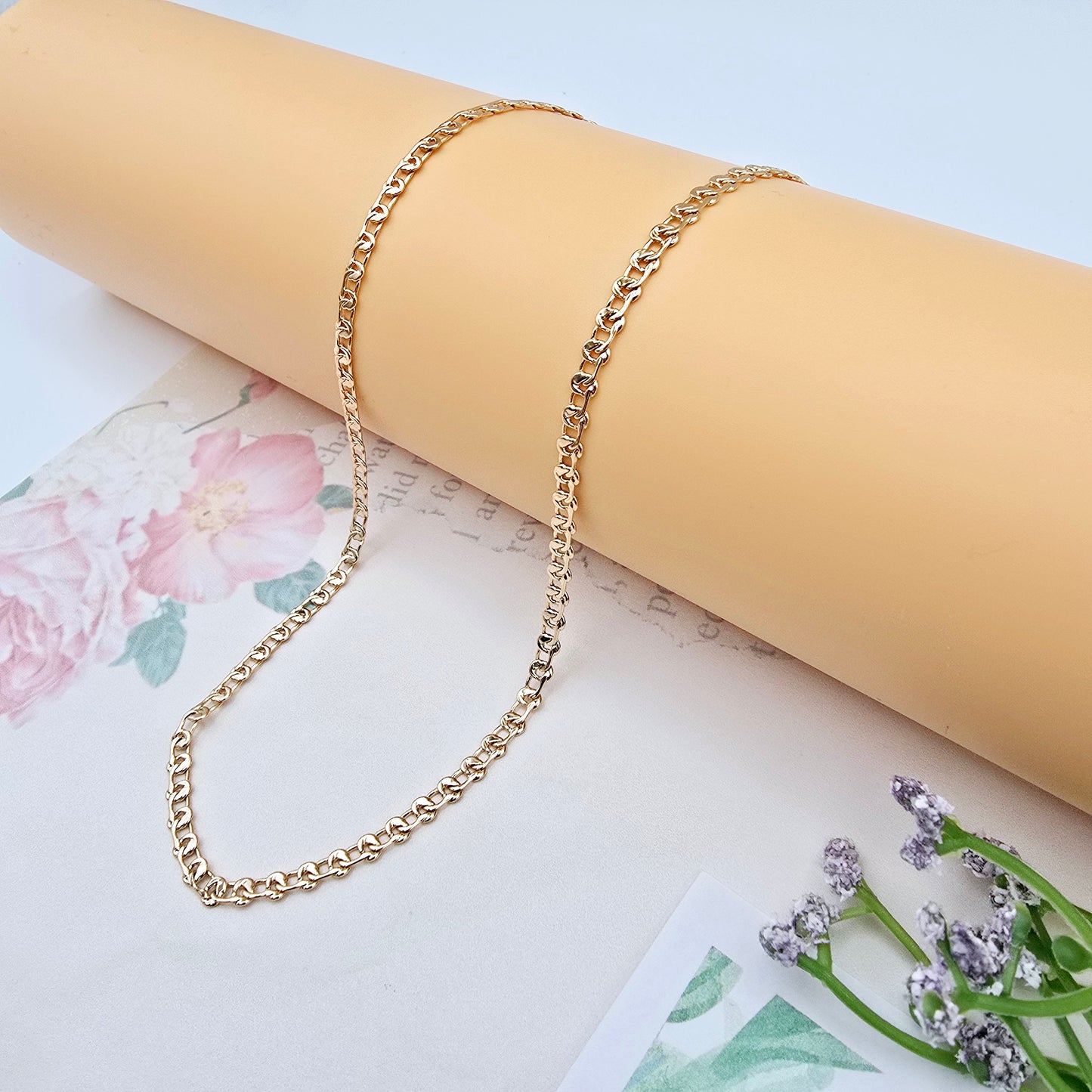 Shiny Rose Gold Chain Necklace with Polished Flat Heart Links, XPNL0062 (2007-2)