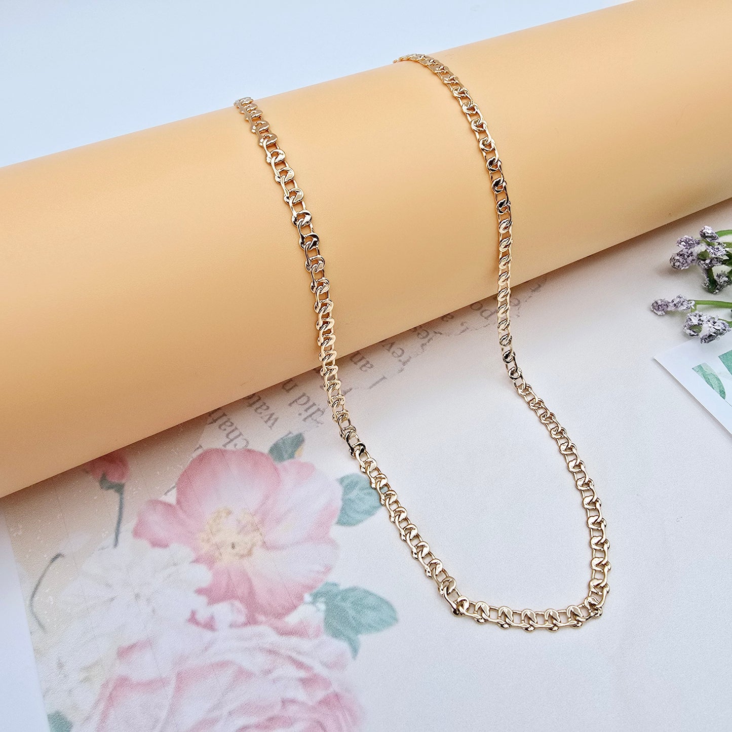 Shiny Rose Gold Chain Necklace with Polished Flat Heart Links, XPNL0062 (2007-2)