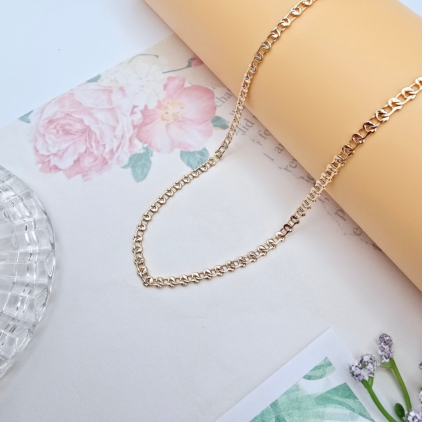Shiny Rose Gold Chain Necklace with Polished Flat Heart Links, XPNL0062 (2007-2)