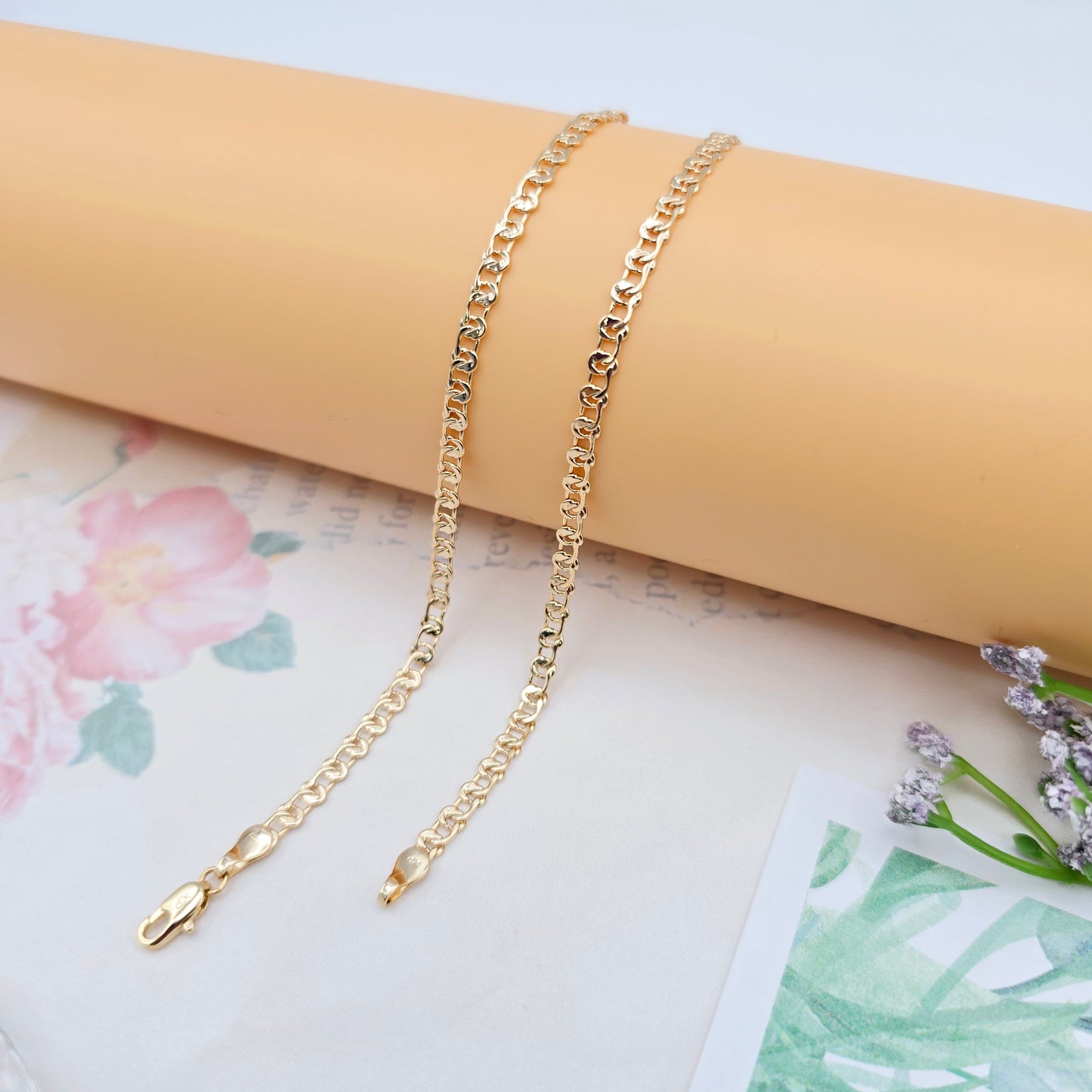 Shiny Rose Gold Chain Necklace with Polished Flat Heart Links, XPNL0062 (2007-2)