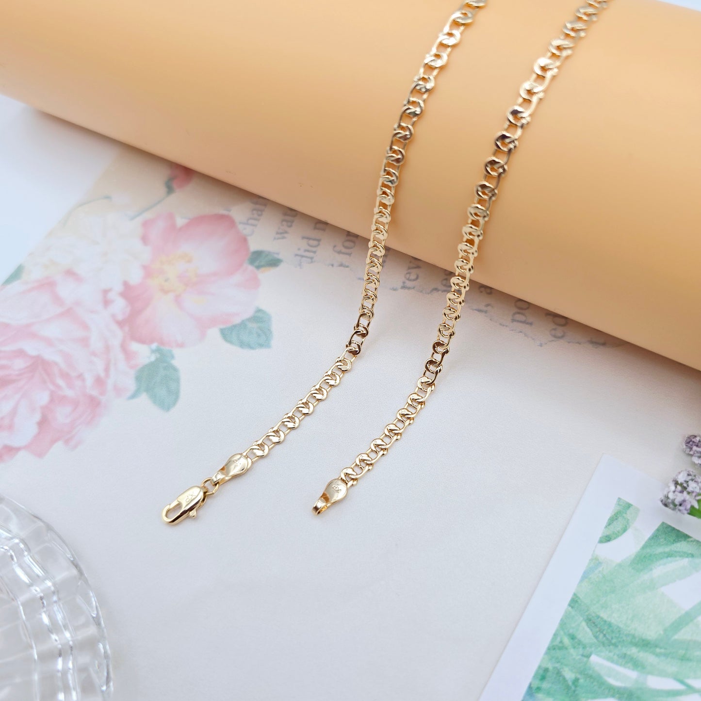 Shiny Rose Gold Chain Necklace with Polished Flat Heart Links, XPNL0062 (2007-2)