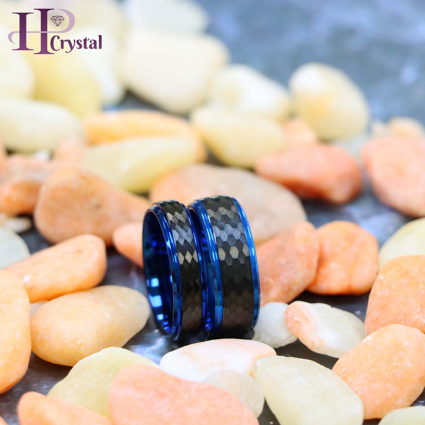 Black IP Hammered Center with Blue IP Stepped Edge Tungsten Ring