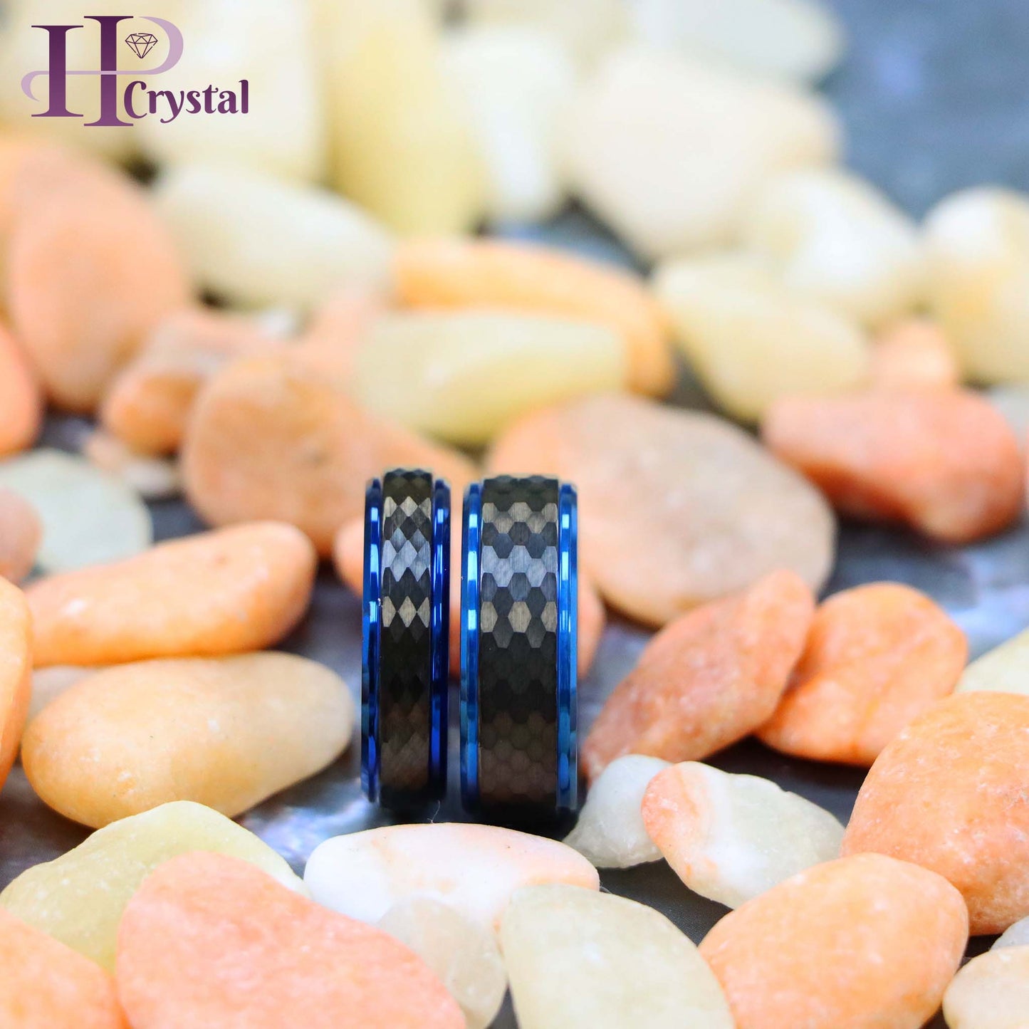 Black IP Hammered Center with Blue IP Stepped Edge Tungsten Ring